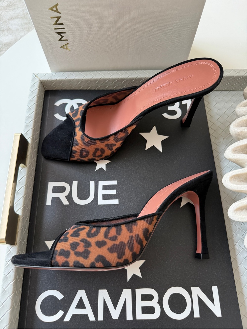 Amina Muaddi 95mm Alexa Black/Brown Leopard Print Mesh Mules Pumps Slides 38 NIB